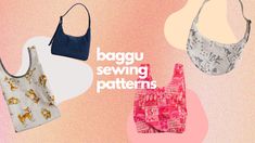 three different types of bras with the words baggy sewing patterns on them in white, pink and blue