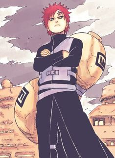 an anime character with red hair standing in front of some clouds and rocks, holding his arms crossed