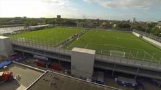 an aerial view of a soccer field from above