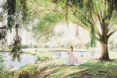 a woman in a wedding dress is sitting under a tree by the water with her back to the camera