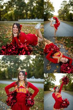 the cheerleader is posing for pictures in her uniform