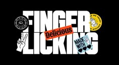 the finger clicking logo is shown in black and white with an orange sticker on it