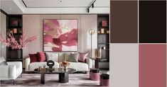 a living room filled with lots of furniture and pink flowers in vases on the table