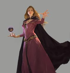 a woman in a long purple dress holding a ball and wearing a black cape with her hands out