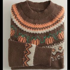 Brown Pumpkin Fair Isle Print Classic Fit Ribbed Collar, Cuffs & Hem Soft 100% Acrylic Tan Knit Sweater, Classic Sweater, Fair Isle Sweater, Fabric Collars, Fall Sweaters, Clothing Size Chart, Womens Clothing Sizes, Brown Orange, Halloween Pumpkin