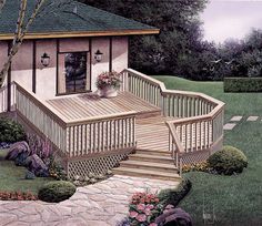 a painting of a house with steps leading up to the front door and patio area