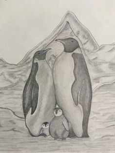 a pencil drawing of two penguins with their babies