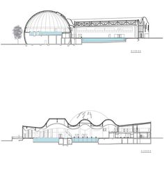 two drawings of the exterior and facade of a building, one with a dome on top