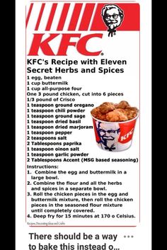 an advertisement for the kfc's recipe with eleven secret herbs and spicess