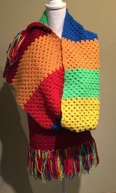 "Multi color crocheted winter scarf made in the 1980s. Measuring 15\" wide X 92\"L plus 7\" fringe on each end.  There are 7 different colors in this scarf." Crochet Winter Scarf, Blue Onion, Crochet Winter, Shawl Pins, Gifts For My Wife, The 1980s, Pin Badges, Winter Scarf, Handmade Crochet