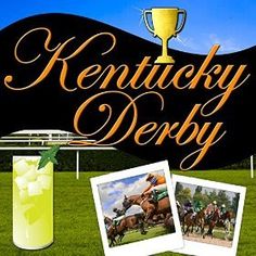 the kentucky derby sign is next to a tall glass with lemonade and two photos