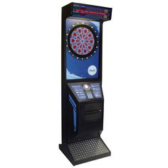 an arcade machine with a dart on the front and darts in the back, standing upright