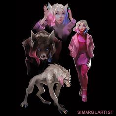 three women and two wolfs are depicted in this digital art style illustration by simarlartist