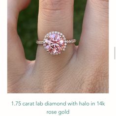 1.75 Carat Pink Lab Grown Diamond, Approximately Vs Clarity 14k Rose Gold With A 1/2 Pave Band And Halo Made Up Of Lab Diamonds. Ring Size 5 Band Is Custom Made, Size 5.25 Pink Diamond Ring With Halo Setting For Wedding, Pink Diamond Ring With Halo Setting For Formal Occasions, Pink Diamond Halo Ring With Center Stone, Wedding Rings In Pink Gold With Halo Setting, Dazzling Pink Diamond Ring With Halo Setting, Pink Diamond Engagement Ring, Diamond Wedding Sets, What A Girl Wants, Pave Band