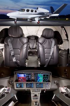 the inside of an airplane with two seats and one pilot's seat in front