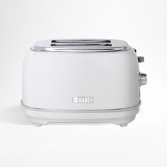 a white toaster with the word haden on it's front and side