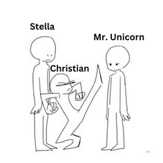 two people are standing next to each other with the words stella, mr unicorn and christian