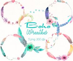 watercolor feathers and flowers with the words boho weeahes on it's side