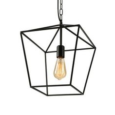 a light that is hanging from the ceiling with an iron frame and bulb attached to it