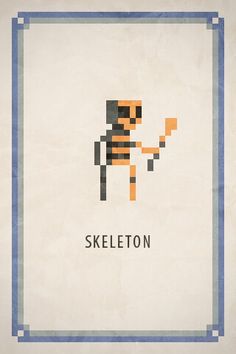 an old pixel art poster with the name skeleton on it's front and side