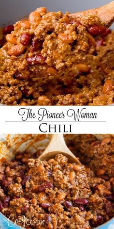 a bowl filled with cranberry chili next to another bowl full of chili and the words, the pioneers woman chili