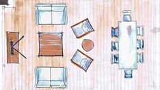 a drawing of a living room with couches, tables and chairs on the floor