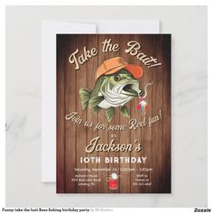 Have some Reel Fun with this Funny Bass Fishing Invitations. Order digital or printed from the drop down menu. Features a bass fish with sportman's hat trying to "take the bait" on a rustic wood background with fishing icons like a can of worms, lures, net. Great for a boy or girl that loves fishing or the great outdoors! All wording can be changed Fishing Invitations, Rustic Wood Background, Fish Icon, Bass Lake, Bass Fish, Wood Background, Bday Ideas