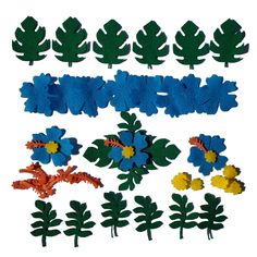 felt flowers and leaves are arranged on a white background, including one blue flower in the center