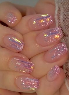 Rainbow Glitter Ombre Nails, Short Pink Sparkly Nails, Pink Sparkly Nails, Shiny Nails Glitter, Nail Training, Fairy Nails, Sheer Nails, Bridal Nail Art, Retro Nails