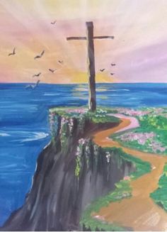 a painting of a cross on top of a cliff