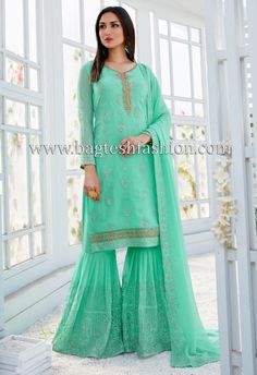 Festive wear gharara green georgette with embroidery work salwar suit embellished with resham, zari, stone, sequins and patch border work. Comes with matching bottom as sharara/gharara and georgette dupatta. Blue Sharara Suit, Blue Sharara, Buy Salwar Kameez Online, Latest Salwar Kameez, Sharara Suits