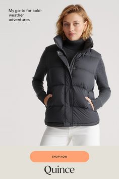 Designed for easy layering and extra warmth, our Responsible Down Puffer Vest is your new go-to for cold-weather adventures. With water-repellent and wind-resistant fabric, this vest will keep you warm and protected in all types of weather. The classic fit follows the natural contour of your body with extra room for layering, so you can wear it as a layering piece in cooler temperatures, or on its own as the temperature rises. Plus, our down products are sourced responsibly to ensure best practi Outfits Aritzia, Black Puffer Vest Outfit, Puffer Vest Outfits, Airport Outfit Winter, Types Of Weather, Comfy Airport Outfit, Airport Outfits, Black Puffer Vest, Natural Contour