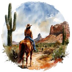 a watercolor painting of a cowboy riding a horse in the desert with cactus trees