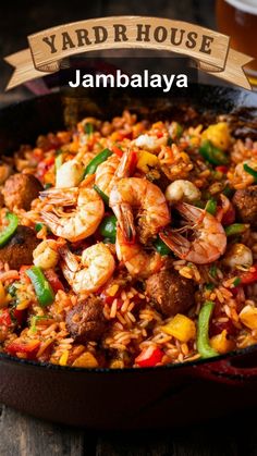 a skillet filled with shrimp and rice