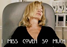 a woman sitting in a chair with the words i miss coven so much on it