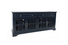 a black sideboard with four doors and two drawers on one side, the door is open