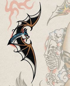 an image of a bat and skull tattoo design on paper with watermarking in the background