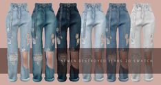 five different colored jeans with holes on them and the words, we went destroyed jeans so swatch