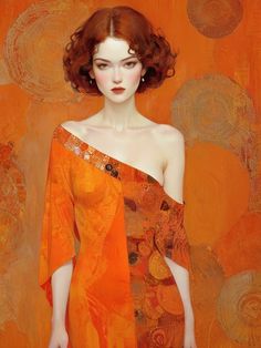 a painting of a woman in an orange dress