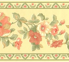 an old wallpaper with pink flowers and green leaves on the border, in pastel colors