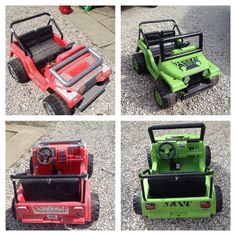 four different types of toy vehicles on gravel