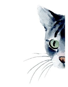 a watercolor painting of a cat's face with green eyes and whiskers