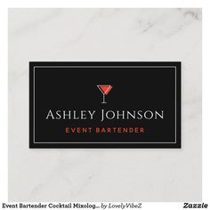 a black and white business card with a martini glass on the front, for event bartenders