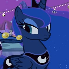 an animated pony with blue hair and big eyes standing in front of a purple background