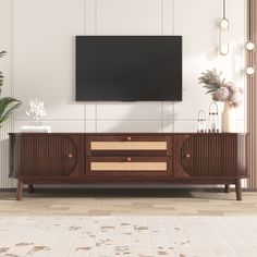 a large flat screen tv mounted to the side of a wooden cabinet