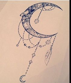 a drawing of a crescent moon with beads hanging from it's side and a feather on top