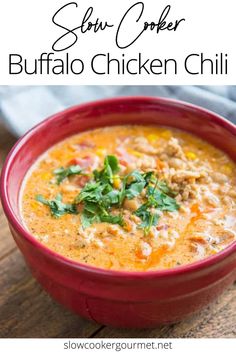 slow cooker buffalo chicken chili in a red bowl