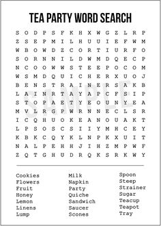 the word search for tea party word search is shown in black and white, with words on