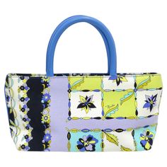 Snag this unique print Pucci bag for the upcoming poolside season. Emilio Pucci is known for his fluid shapes, kaleidoscopic motifs, and bright colors. This bag features a beautiful blue leather handle, intricate flower print with hues of lime green, purple, blue and black, and a spacious monogrammed interior. Think about pairing this with your favorite summer dress in your closet and some vintage Dior wedges. Length: 6in Width: 13in Depth: 3in Multicolor Top Handle Bag With Rolled Handles, Designer Blue Square Bags, Designer Multicolor Floral Print Bags, Luxury Floral Print Top Handle Bag, Designer Bags With Floral Print For Shopping, Designer Bags With Floral Print For Spring, Designer Blue Summer Bag, Multicolor Floral Print Top Handle Bag, Luxury Multicolor Bags For Summer