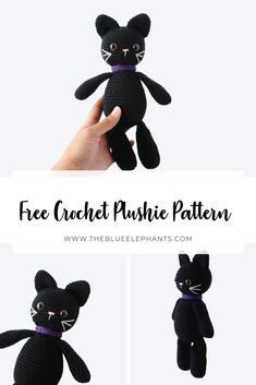 a crocheted black cat is shown with the words free crochet plushie pattern